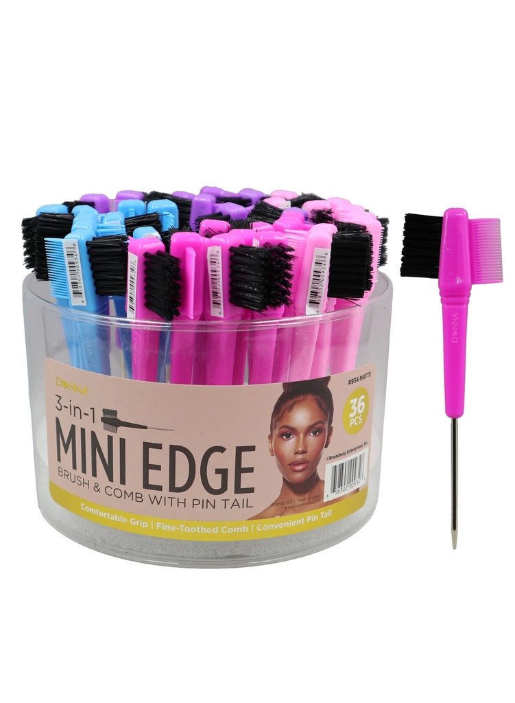 [DON00934] Donna 3 In1 Mini Edge Brush & Comb With Pin Tail -Matte Asst (36 pc/Jar) #934 -Jar