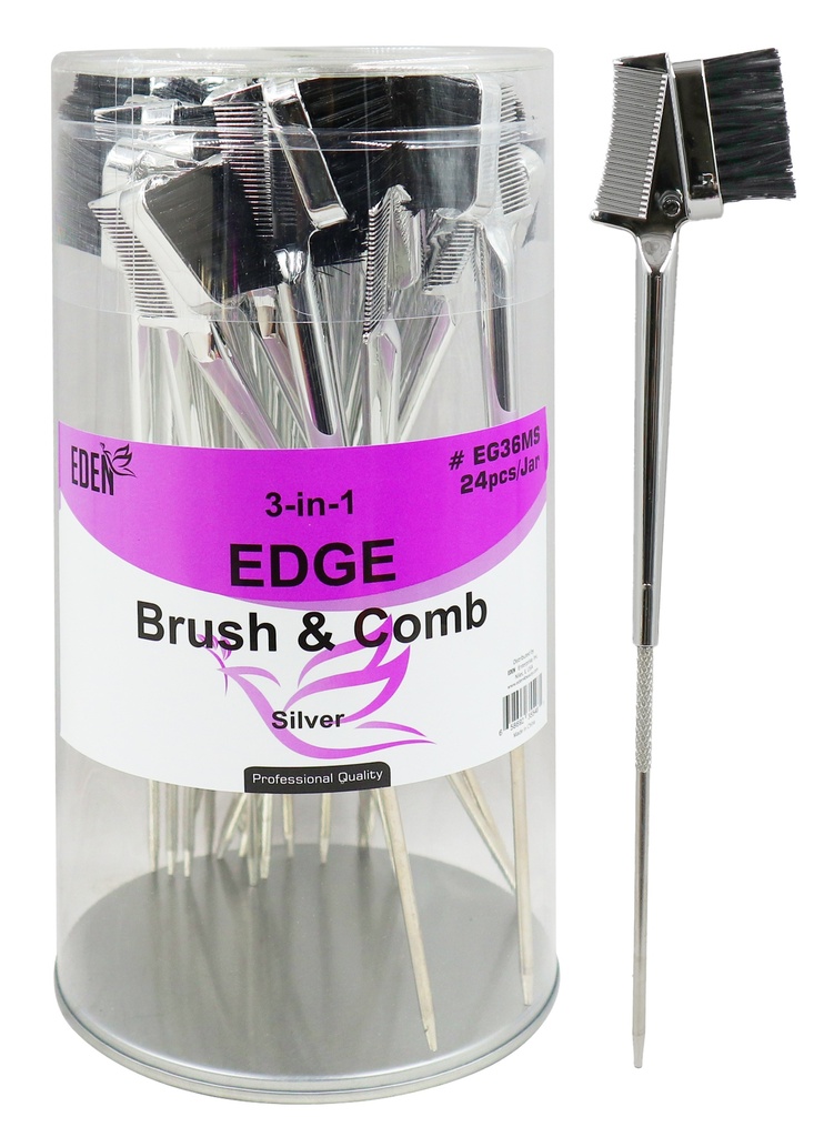 [EDN35548] Eden 3-In-1 Edge Brush & Comb #EG36MS Silver (24 pcs/Jar) -Jar