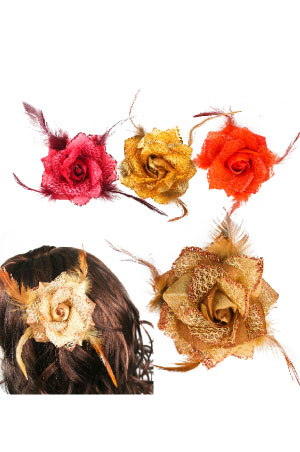 [MG30137] Flower Hair Clip 3in1 [Flower] #3013 ASST (w/ Feather) -dz